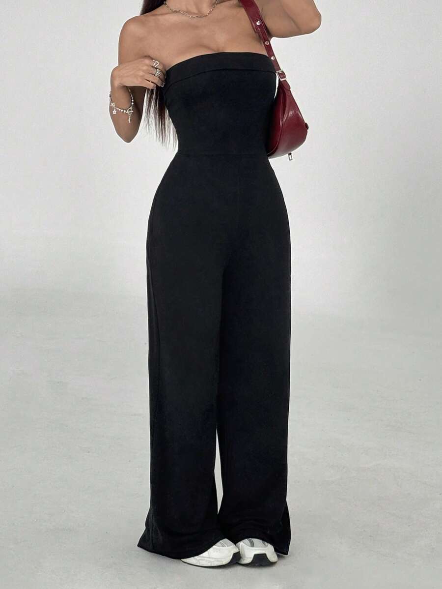 SHEIN PETITE 女款休閒純色抹胸連身褲,適合嬌小女性 - 黑色 - 查看 1
