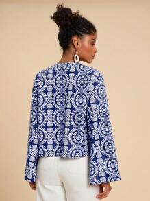 Travachic Vacation Woven Print Tie Front Bow Long Sleeve Loose Blouse For Women,Summer,Beachwear,Easter,Beach,Spring Break,Vacation Women,Concert,BOHO,Bohemia,Music Festival,Tropical Vacation - Blue - View 2