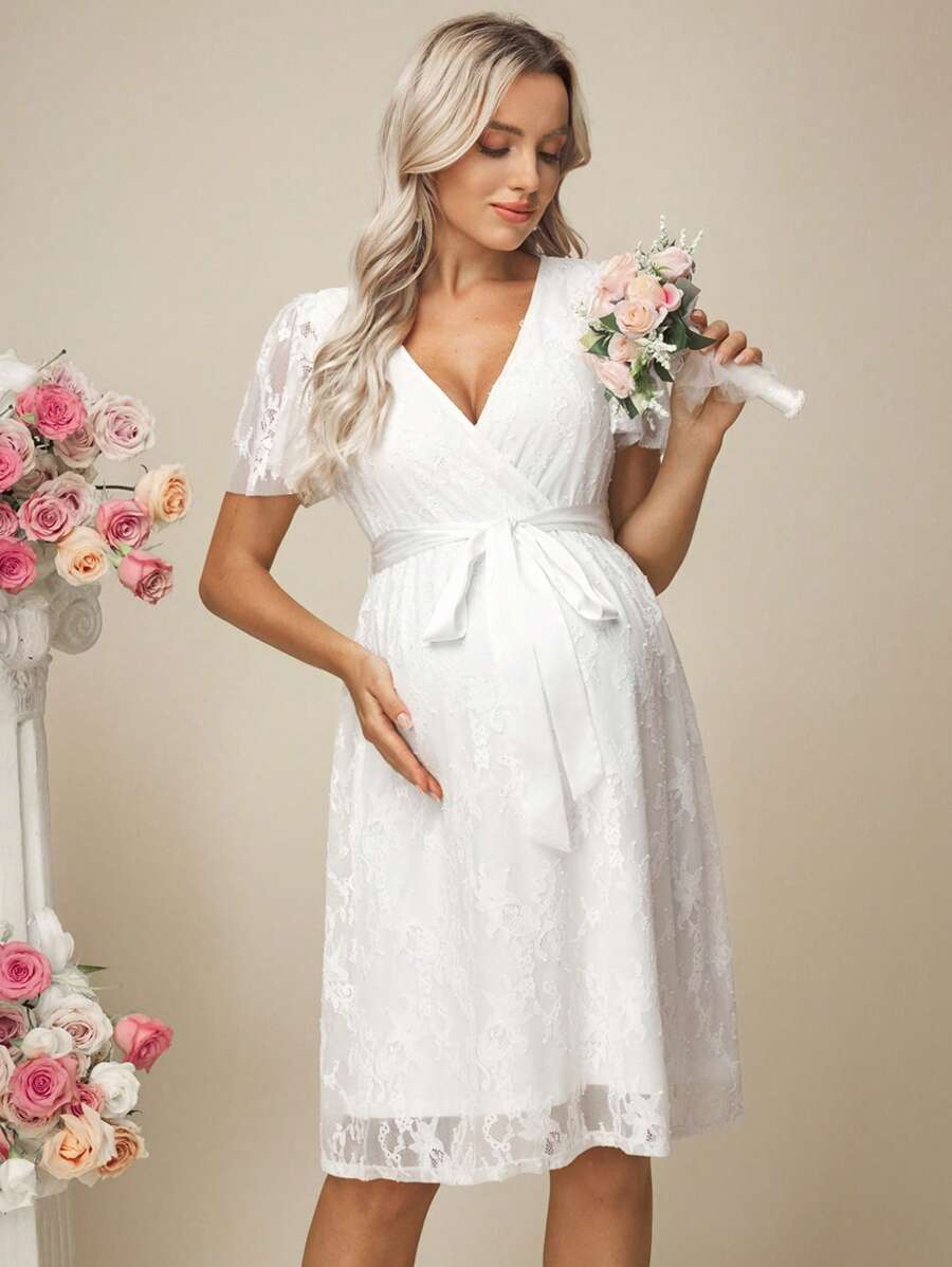 SHEIN Maternity Lace Splicing Ruffle Sleeve Elegant Dress Wedding Dress  Maternity Dress Baby Shower Maternity Wedding Guest Dress Elegant - White - View 1