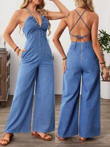 Breezaya 女士休闲牛仔吊带连体裤，时尚，适合夏季 - 藍色 - 查看 2