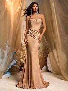 Glamrae Elegant & Luxurious Sequin Knitted Satin Ruched Mermaid Hem Dress,Heavy Embellished Evening Gown For Wedding Guest,Party,Prom,Formal Occasions - Gold - View 6