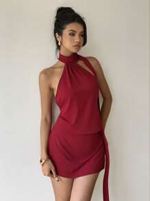 Aloruh Robe mini dos nu rose rouge avec col ras-du-cou pour femmes - Framboise - Voir 2