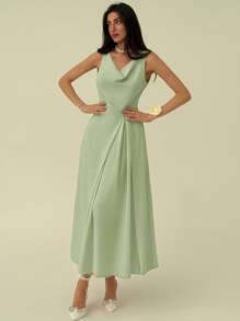 Aloruh Office Commute Elegant Simple Draped Neck A-Line Pleated Mid-Length Dress For Women - Green - View 5