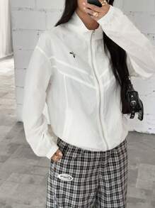 StreetHx Oversized Women Casual Solid Color Printed Zip-Up Long Sleeve Jacket - White - View 4