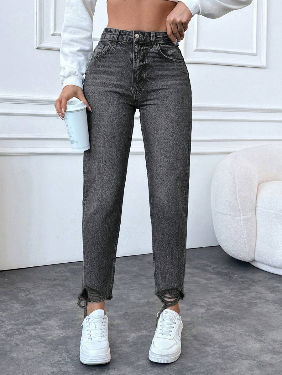 SHEIN Cottnline سروال جينز نسائي من القطن 100% مهترئ مع حافة متشققة - رمادي - مشاهدة 1