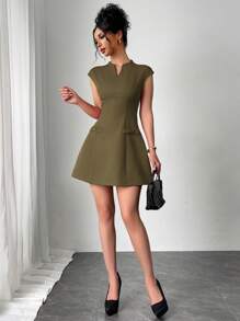 Firerie 新款婚礼季红色连衣裙小帽袖蝴蝶结装饰女士A字裙适合婚礼季伴娘服花园派对约会郊游等场合 - 軍綠色 - 查看 1