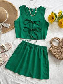 Soleia Bohemian ,Boho, Romantic Floral ,Vacation, Floral 4th Of July Clothes Summer Two Pieces Set Rave Outfits Festival Festival New Years Eve Outfits/Coquette Outfitcold Weather Outfits/Ice Skating Outfitidate Night Outfit Vacation Outfits Woman 2 Pieces Set: Casual Vacation-Wear Green Shirt With Bowknot + Low Waist Short Skirt,Party