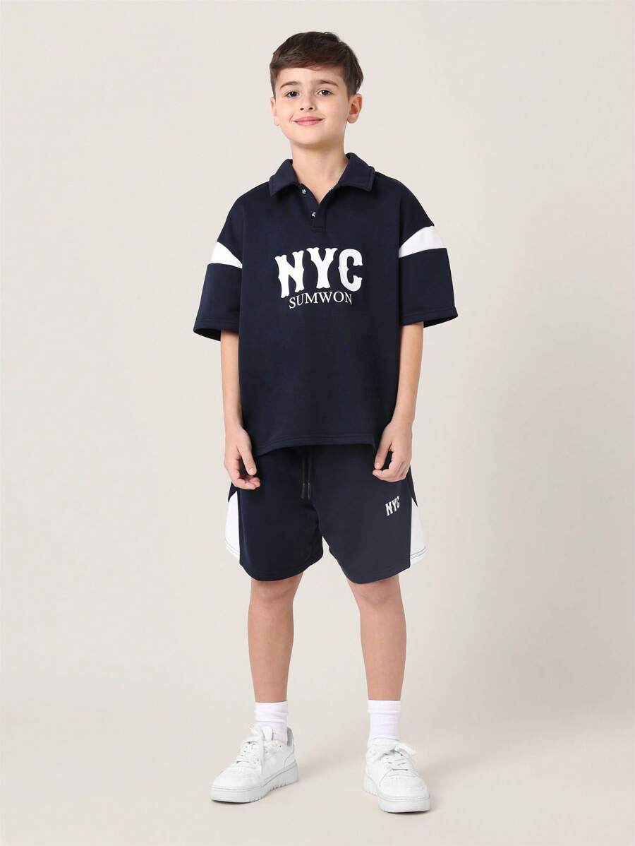 Tween Boys Nyc Sumwon Athletic Two-Piece Set Polo Sport Style Summer Outfit Navy White Varsity Collegiate Street Style Athletic Set - Navy Blue - View 1