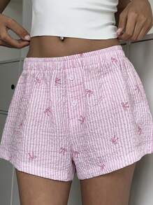 Aloruh Eleganti shorts mini rosa a righe con stampa in stile fiocco, vita bassa e versatili