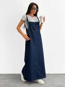 EURMUSE WOMEN LONG DENIM DRESS POCKET DETAILED - Dark Wash - View 3