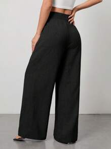 SHEIN PETITE Pantalones formales de pierna ancha y cintura alta plisados en color caqui, adecuados para vacaciones de verano - Negro - Ver 2