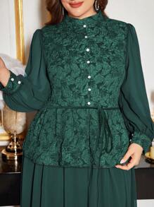 Modelyn Plus Size Contrast Panel Stand Collar Elegant Dress - Green - View 6