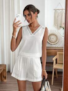 Women's Solid Color Contrast Lace Camisole And Shorts Casual 2 Pieces Set Matching Sets Women Short Sets For Women Summer - White - View 7