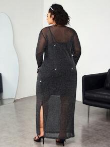 SHEIN CURVE+ Vestido de Body ceñido de talla grande con tirantes finos y malla negra de largo medio para mujeres