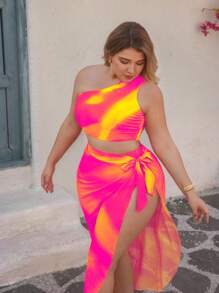 Swim Oasis Conjunto de 3 piezas para mujer talla grande Oasis: Blusa de hombro recogida con estampado de degradado amarillo, pantalones de cintura alta, falda con superposición de malla con estampado de degradado, conjunto de playa de verano para vacaciones