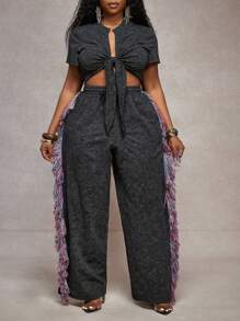 Slaydiva Conjunto de 2 piezas para mujer 2025 Nuevo, Vacaciones, Pascua, Graduación, Rave, Festival, Concierto, Fiesta de Cumpleaños, Casual Sexy: Top corto de manga corta con nudo delantero y pantalones largos holgados tipo maxi con bloques de color y flecos, Talla Grande Negro