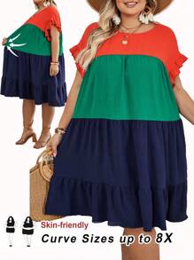 SHEIN CURVE+ Plus Size Women Summer Beach Vacation Style Color Block A-Line Skirt - Multicolor - View 1