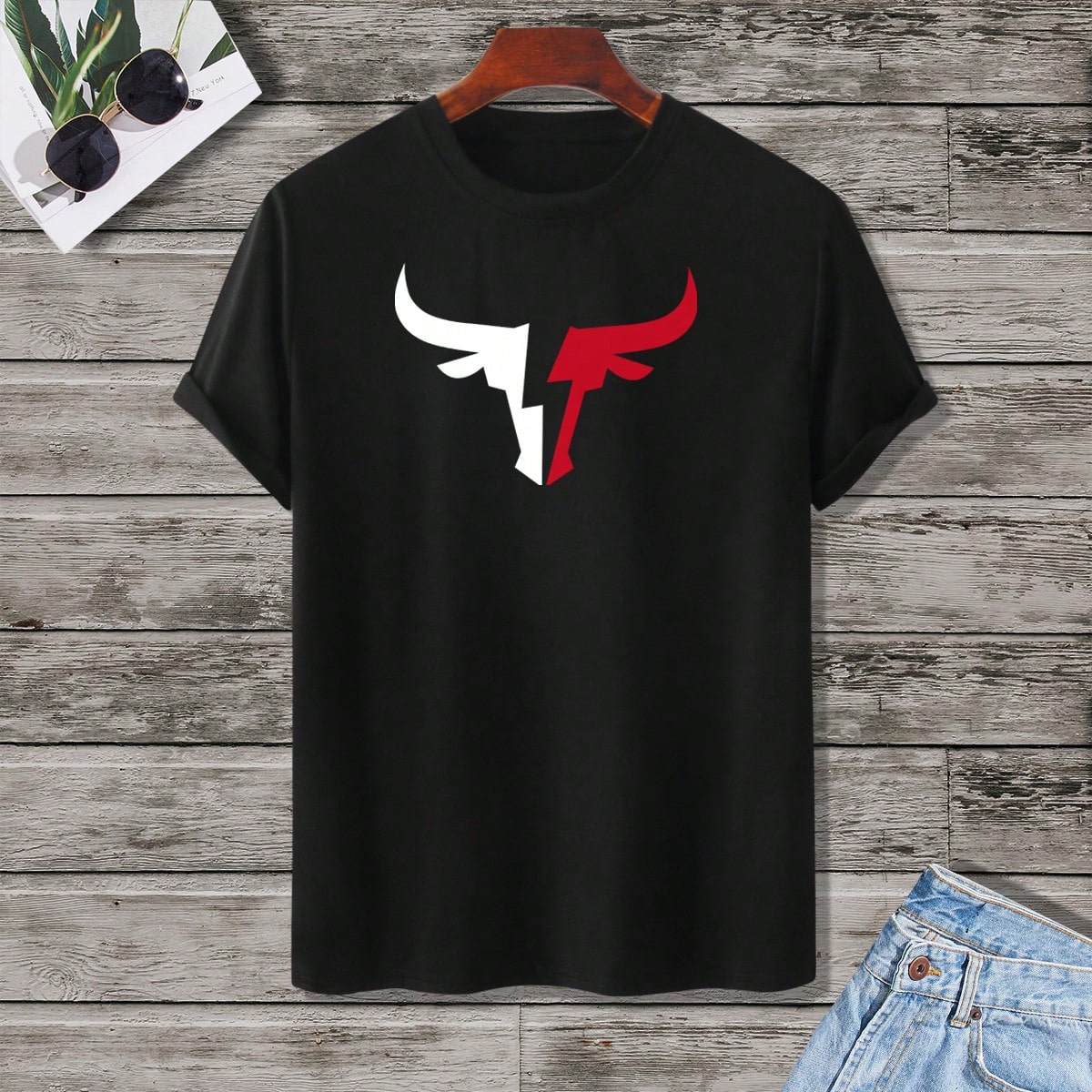 Camiseta casual de hombre de manga corta y cuello redondo con estampado de cabeza de toro