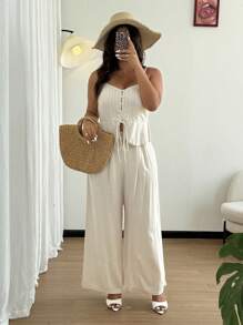 SHEIN Clasi 2 件套休闲简约夏季亚麻女式吊带背心和裤子套装 - 米色 - 查看 5