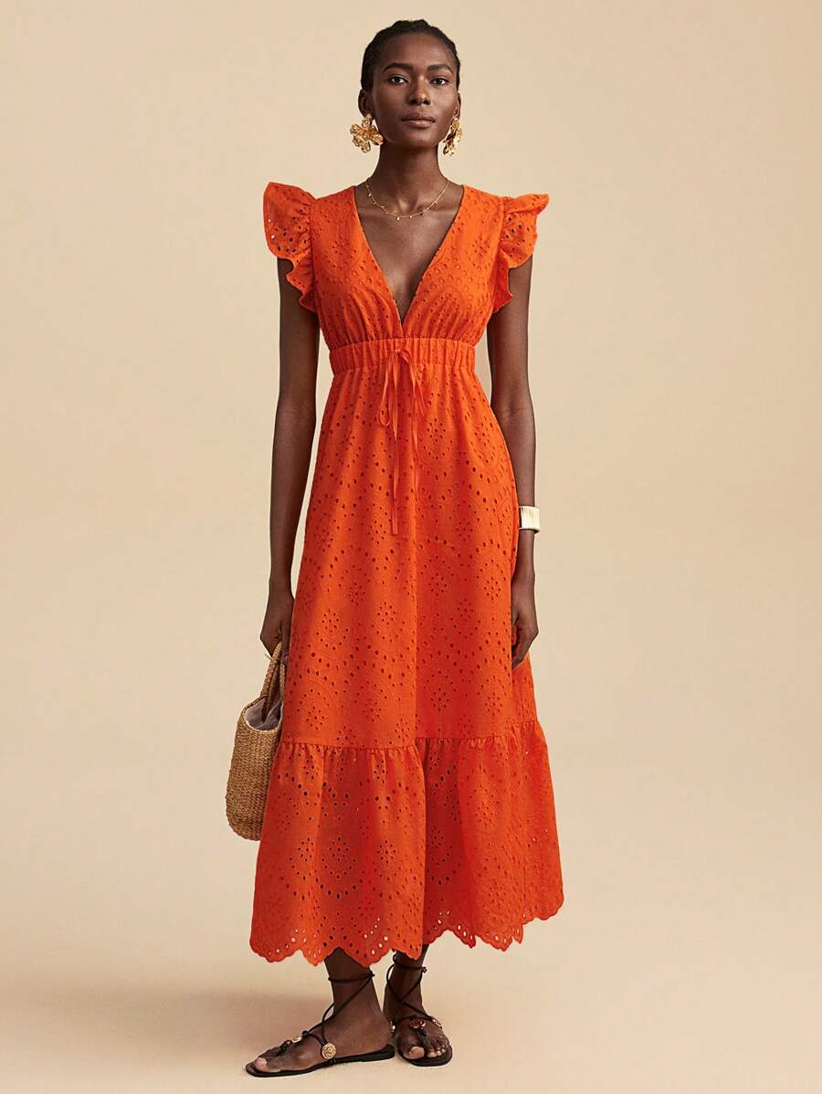 Travachic 女士度假刺绣深 V 领系腰迷你盖袖连衣裙 - 橘色 - 查看 1