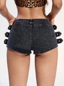 SHEIN EZwear Quần short denim gợi cảm màu trơn có nút và khóa kéo dành cho nữ, mùa hè - Màu xám đen - Xem 2