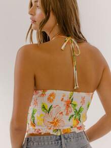 Aralina Floral Print Halter Ruffle Trim Summer Vacation Crop Top - Yellow - View 2