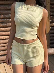 SHEIN EZwear Bộ 2 áo ba lỗ ngắn màu vàng và quần short cho nữ - Màu vàng - Xem 7