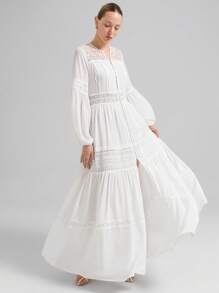 Ontre 白色雪纺浪漫蕾丝拼接长袖高开叉下摆优雅女士连衣裙