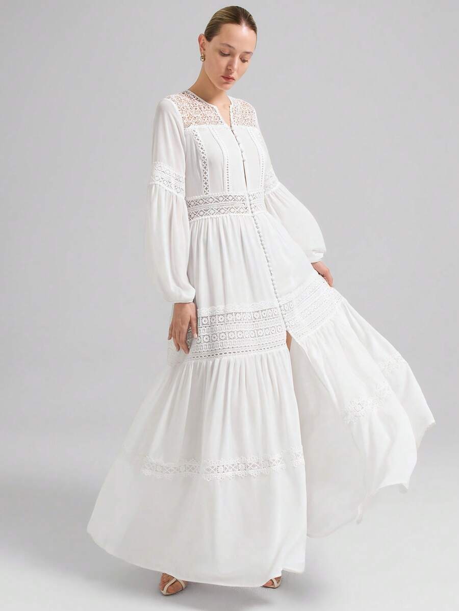 Ontre 白色雪纺浪漫蕾丝拼接长袖高开叉下摆优雅女士连衣裙