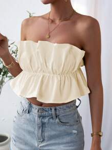 SHEIN Privé Top corto de verano de unicolor minimalista con volantes - Beis - Ver 3