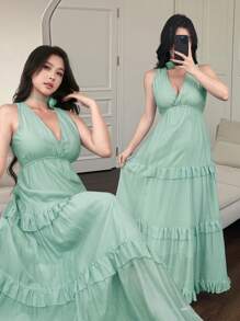 Modelyn Women's Elegant Solid Color Ruffle Hem Sleeveless Dress - Green - View 3