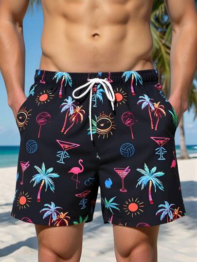 Manfinity Swimmode Men's Casual Allover Print Active Shorts, Drawstring Beach Shorts For Summer Beach Resort Coconut TreeMen Swim Trunks,Hawaiian