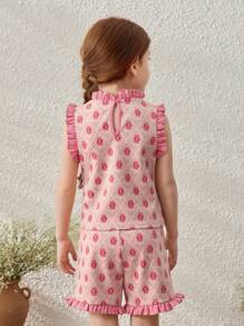 Blossori Young Girls Spring/Summer French Elegant Geometric Floral Pattern Knit Top And Shorts Set - Multicolor - View 2