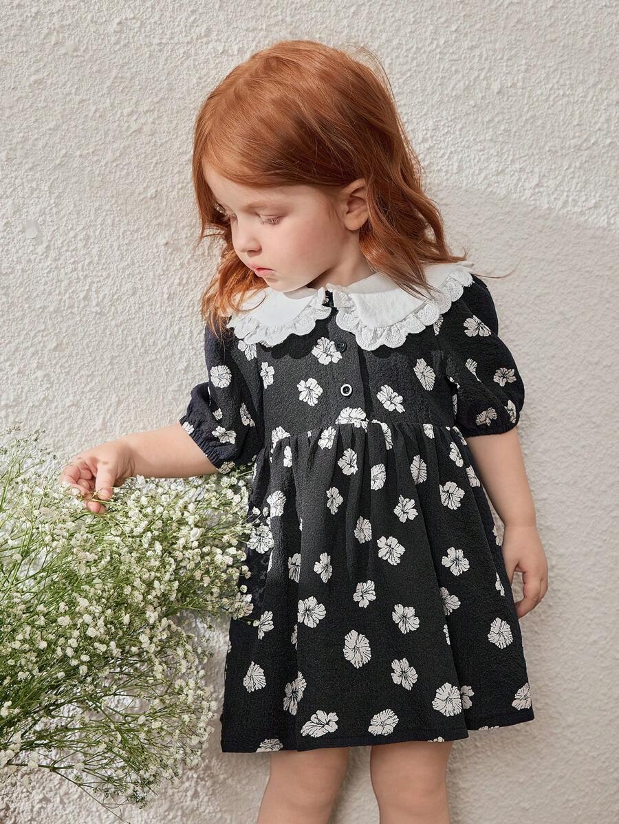 Blossori Baby Mädchen Schwarzes Blümchen Kleid mit gerüschtem Kragen, Frühling/Sommer
