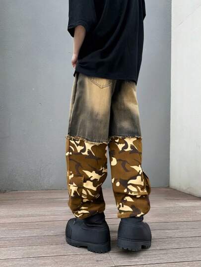 Street Life Men's Patchwork Denim Casual Pants, Simple And Fashionable For Everyday Wear