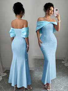 Rafferiza Váy satin nữ có nơ lớn Bandeau - Màu xanh lam - Xem 3