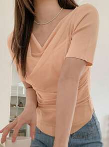 DAZY Women's Chiffon Draped Neck Ruched Waist Short Sleeve Pink Knit Top For Summer - Pink - View 5