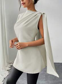 SHEIN Clasi قميص نسائي قصير مربع الأكمام، مزين بكشكشة على الجانب، خصر مشدود، مناسب للضبط - رمادي فاتح - مشاهدة 5