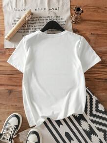 SHEIN EZwear 休闲简约复古腊肠犬印花修身圆领短袖女式 T 恤，适合夏季 - 白色 - 查看 2