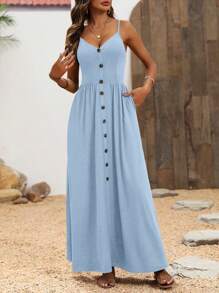 Breezaya Cami V-Neck Casual Dress With Oversized A-Line Beach Style Maxi Vacation Beach Outfits Women - Blue - View 3