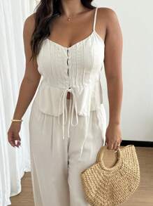 SHEIN Clasi 2 件套休闲简约夏季亚麻女式吊带背心和裤子套装 - 米色 - 查看 3