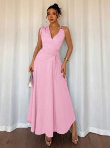 SHEIN Unity Women Elegant Asymmetric Knot Pleated Asymmetrical Hem Cami Dress - Pink - View 3