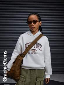 SHEIN Explorewe Tween Girl Letter Print Long Sleeve Hooded Sweatshirt With Stylish Design - White - View 6