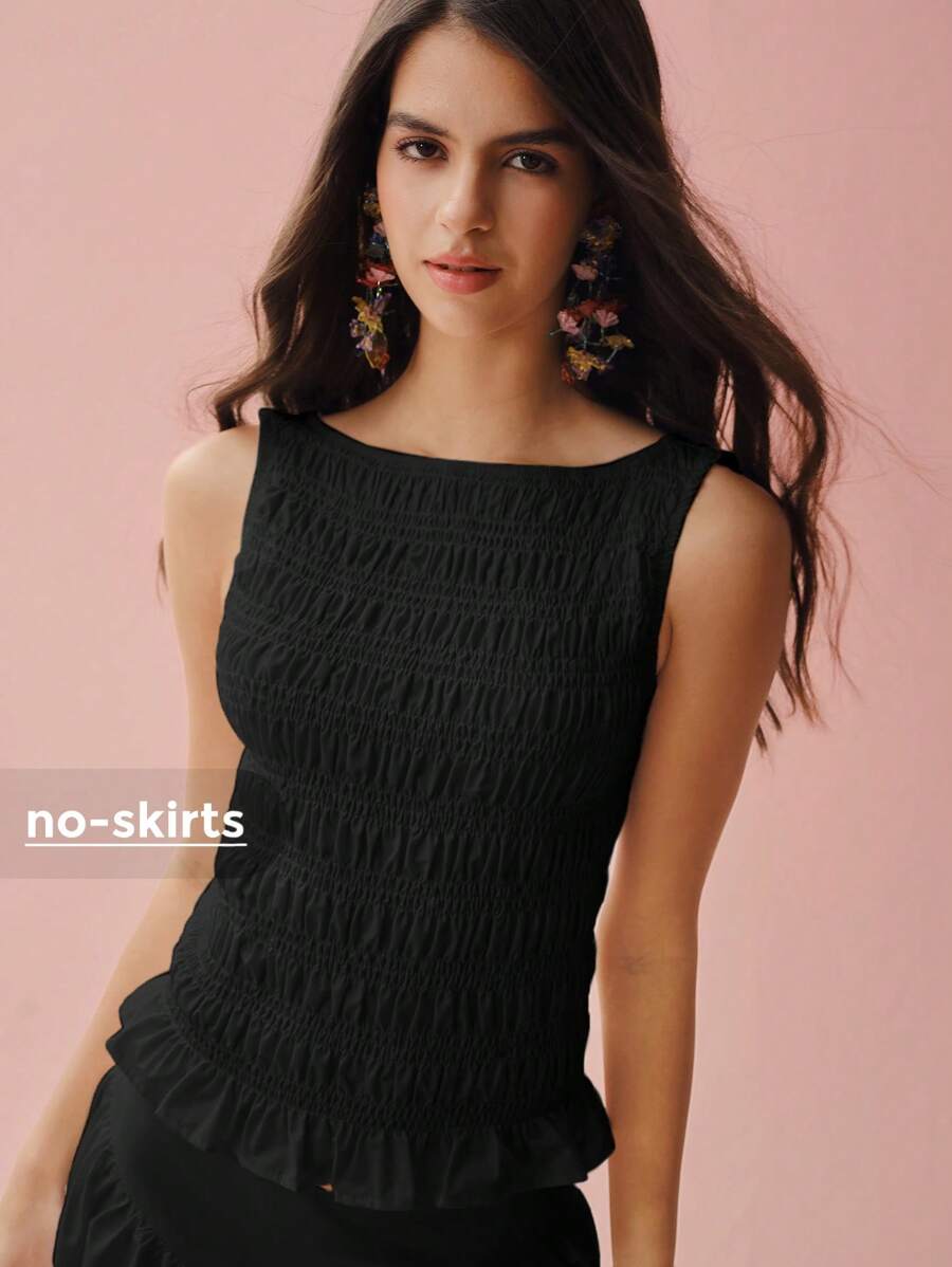 Enchnt Spring/Summer Romantic Women's Black Pleated Crew Neck Casual Tank Top,Sweet&Elegant For Holiday &Sweet Date&Daily&Vacation - Black - View 1
