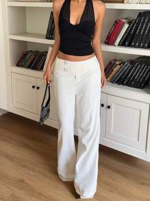 SHEIN EZwear 女款休閒優雅通勤早午餐辦公室純色低腰寬腿長褲 白色夏季 - 米色 - 查看 5