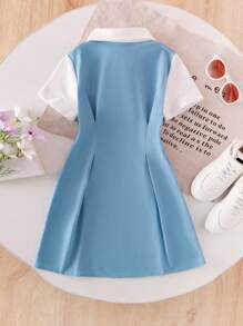 SHEIN Young Girl White Fashionable Letter Print Blue Collar Short Sleeve Casual School Style Cute Summer Dress Summer Holiday - Blue - View 2