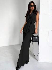 Firerie Women's Elegant Minimalist Casual Commute Daily Vacation Suit, Including Lapel Belt Sleeveless Loose Jacket Shirt And High Waist Wide Leg Khaki Pants 2 Pieces Set In Fall/Winter - Black - View 3