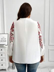 Flirla Blusa de manga farol con estampado de plantas para mujer de talla grande para vacaciones - Rojo - Ver 2