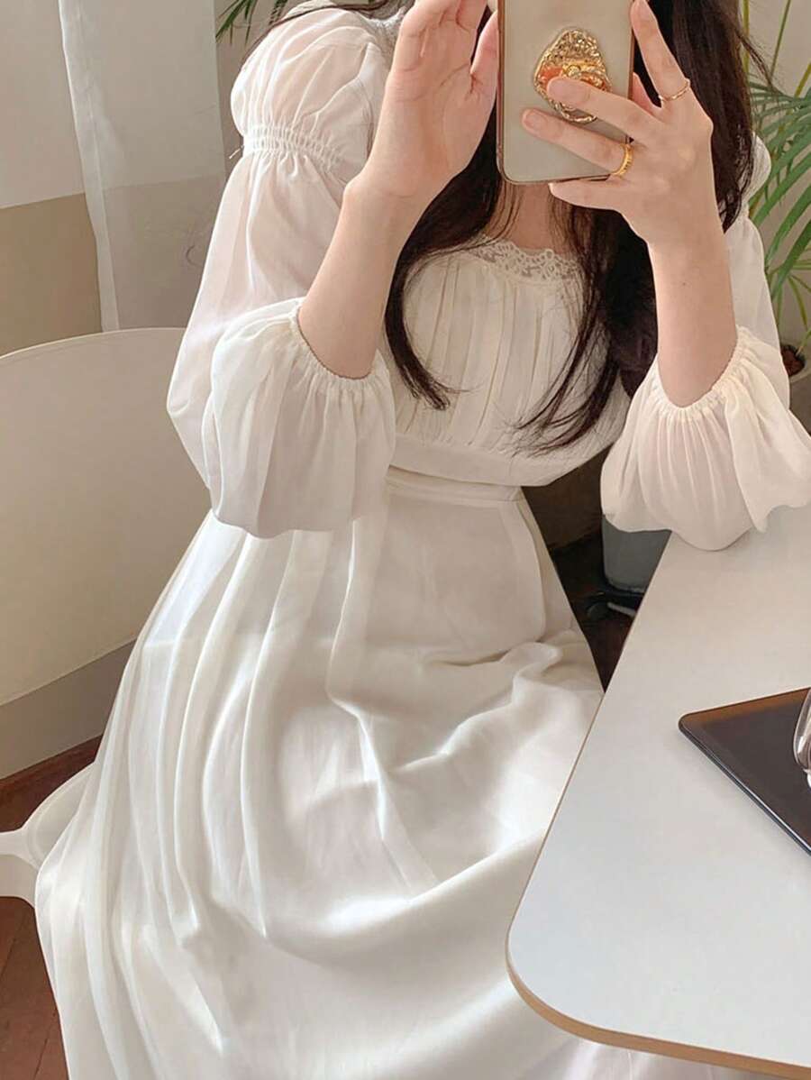 DAZY Đầm tay đèn lồng cổ vuông bằng vải voan màu tương phản dành cho nữ - trắng - Xem 1