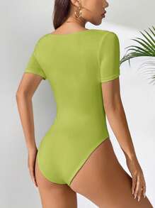 SHEIN PETITE 女士方领短袖休闲 T 恤紧身衣 - 綠色 - 查看 4